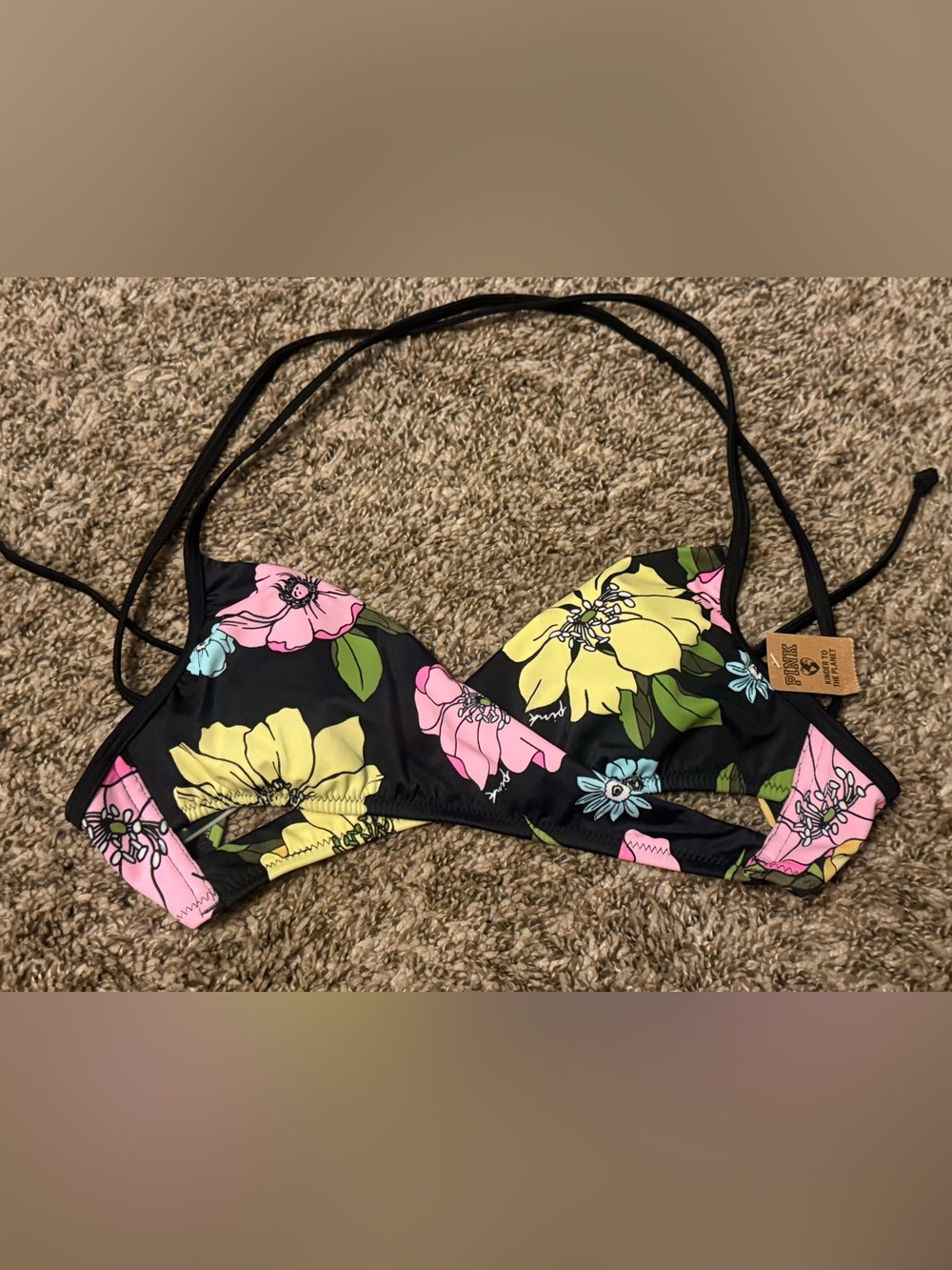 PINK Victoria's Secret Black Floral Bikini Top with Yellow & Pink Blooms